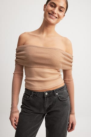 Gold Off Shoulder Mesh Glitter Top