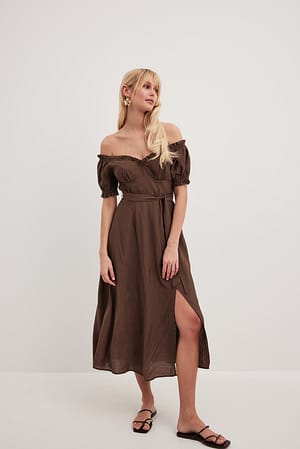 Brown Off Shoulder Mid Dress