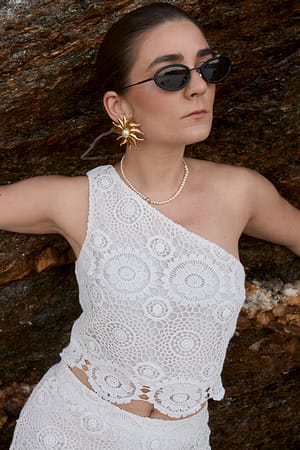 Off White One Shoulder Crochet Top