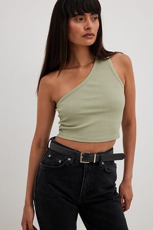 Light Khaki One Shoulder Crop Rib Top