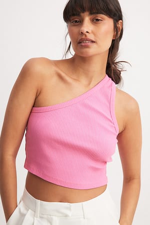 Pink One Shoulder Crop Rib Top