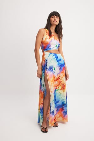 Multicolor One Shoulder Cut Out Maxi Satin Dress