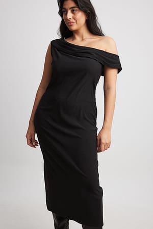 Black One Shoulder Draped Midi Dress