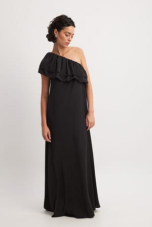 Black One Shoulder Frill Detail Maxi Dress