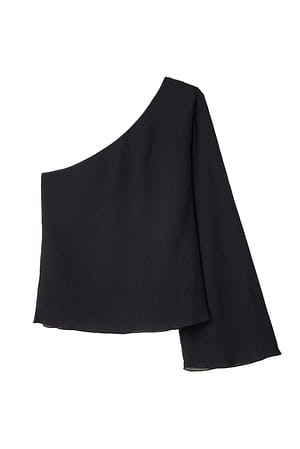 Black One Shoulder LS Plisse Blouse