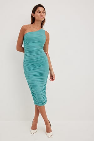 Blue One Shoulder Mesh Midi Dress