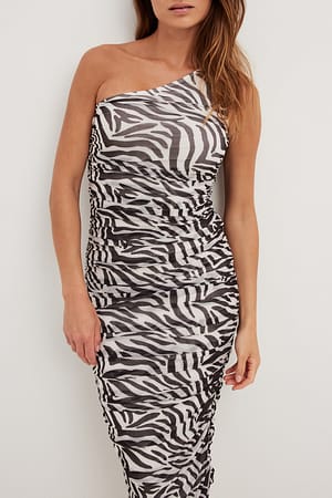 Zebra One Shoulder Mesh Midi Dress