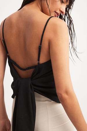 Black Open Back Linen Blend Strap Top