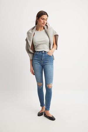 Mid Blue Skinny High Waist Destroyed Jeans