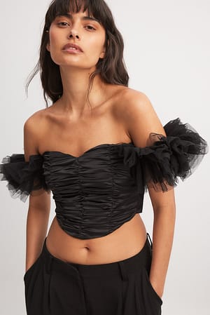 Black Organza Puff Sleeve Satin Corset