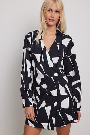 Graphic Print Overlap Button Detail Mini Dress