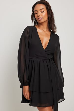 Black Overlap Chiffon Mini Dress