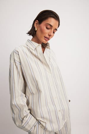 Beige Blue Stripe Oversized Heavy Cotton Shirt