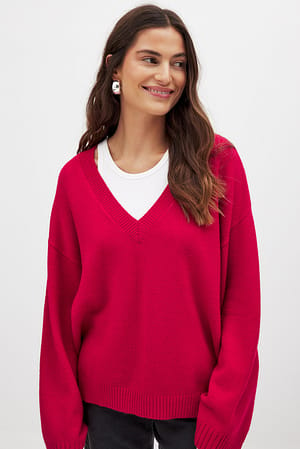 Red Oversized V-Neck Knitted Sweater