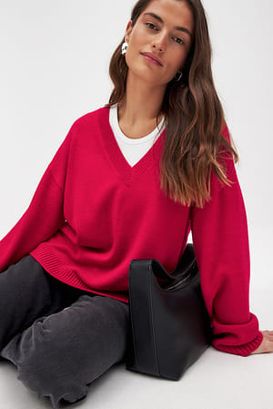 Red Oversized V-Neck Knitted Sweater