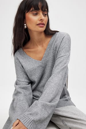 Grey Oversized V-Neck Knitted Sweater