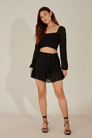 Black Asymmetric Recycled Frill Mini Skirt