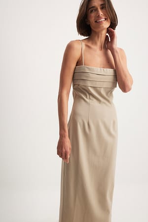 Beige Pleat Deatil Chest Maxi Dress