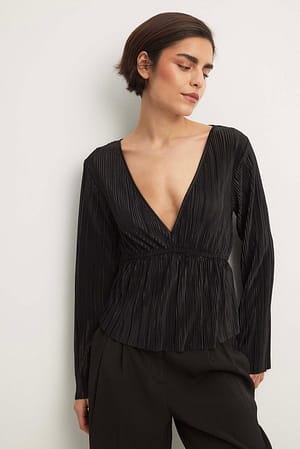 Black Pleated Long Sleeve Blouse