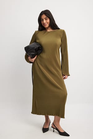 Khaki Pleated Midi Dress