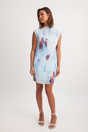 Blue Flower Print Pleated Mini Dress