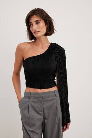 Black Pleated One Shoulder Top