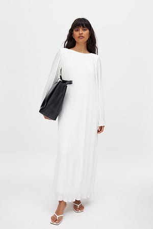 White Plisse Trumpet Sleeve Maxi Dress