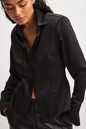 Black Pointy Shoulder Satin Shirt