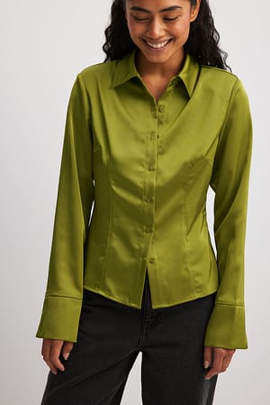 Green Pointy Shoulder Satin Shirt