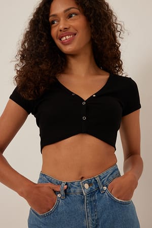 Black Press Button Crop Top