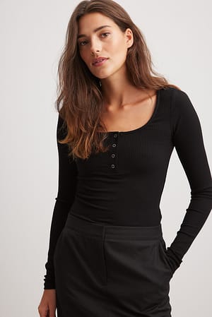 Black Press Button Long Sleeve Top