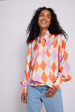 Orange Print Printed Satin Bow Blouse