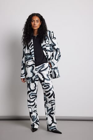 Black Pattern Printed Straight Leg Suit Pants