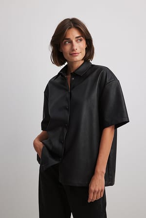 Black PU Short Sleeve Shirt