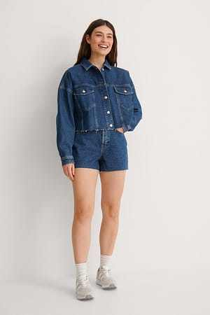 Mid Blue Raw Hem Vintage Look Denim Shorts