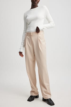 Beige Mid Rise Suit Pants