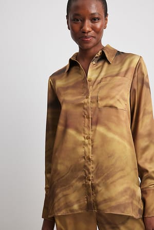 Yellow Print Relaxed Satin Long Sleeve Shirt