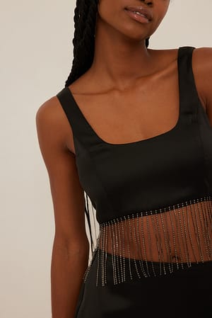 Black Rhinestone Detail Satin Top