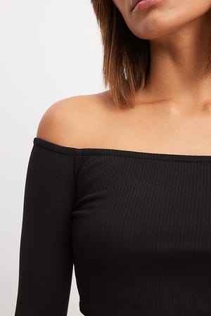 Black Rib Bare Cropped Shoulder Top