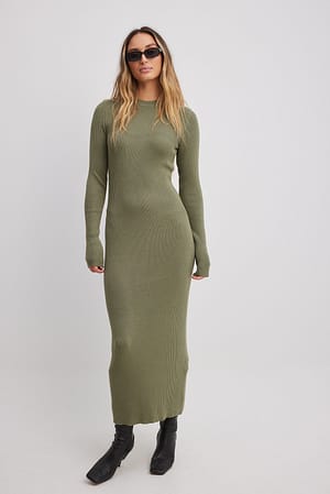 Khaki Ribbed Knitted Midi Dress