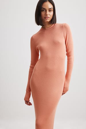 Peach Ribbed Knitted Midi Dress