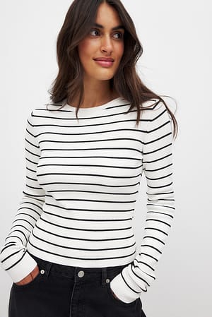 White/Black stripe Ribbed Knitted Round Neck Top