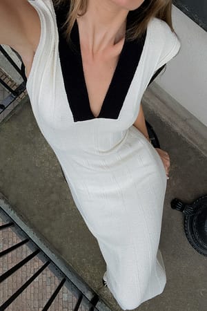 Cream Ribbed Knitted V-neck Midi Dress