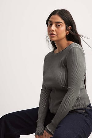 Grey Ribbed Long Sleeve Top