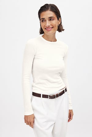 Offwhite Ribbed Long Sleeved Round Neck Top