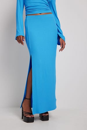 Blue Ribbed Slit Detail Maxi Skirt