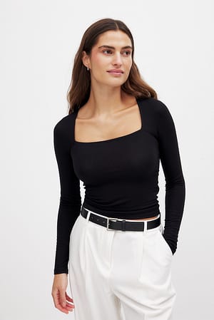 Black Ribbed Square Neck Detail Top