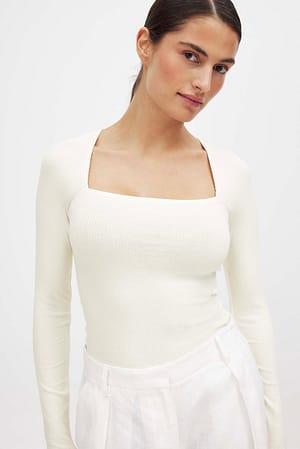 Offwhite Ribbed Square Neck Detail Top