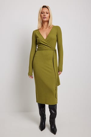 Khaki Ribbed Wrap Belted Midi Dress