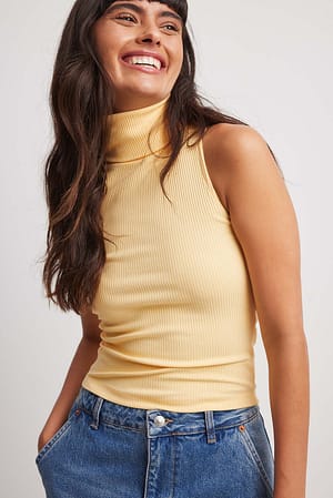 Light Yellow Roll Neck Sleeveless Top